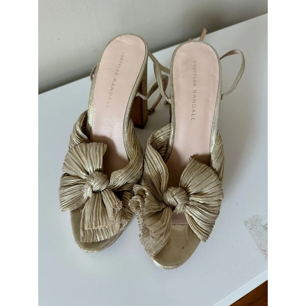Loeffler Randall Natalia Platform Gold Pleated Bow Heels Size 9 Metallic Wedding